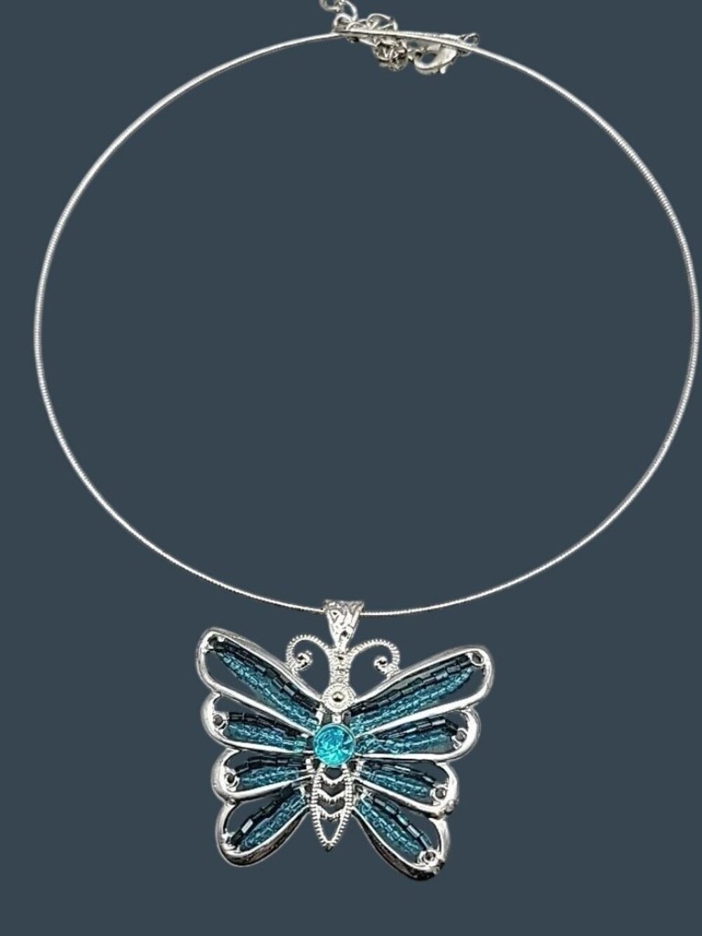 Vintage Blue Beaded Rhinestone Butterfly Pendant 20" Silver Tone Wire Necklace